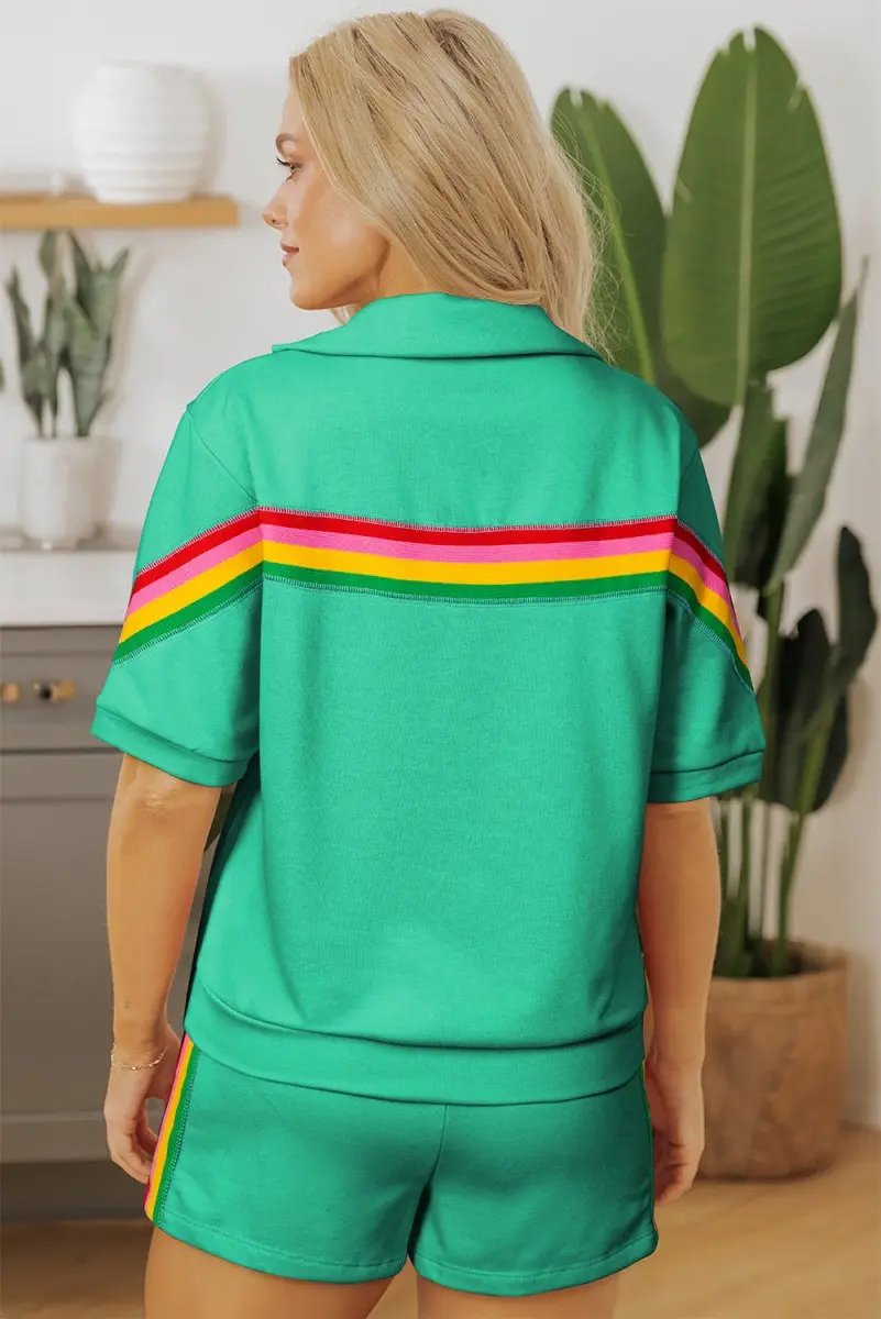 Sea Green Rainbow Colorblock Collared Short Sleeve Top 2 Piece Shorts Set - Love Salve